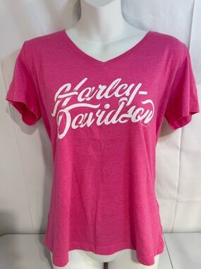 Harley Davidson Pink Graphic Tee V Neck Script Logo Women's Medium